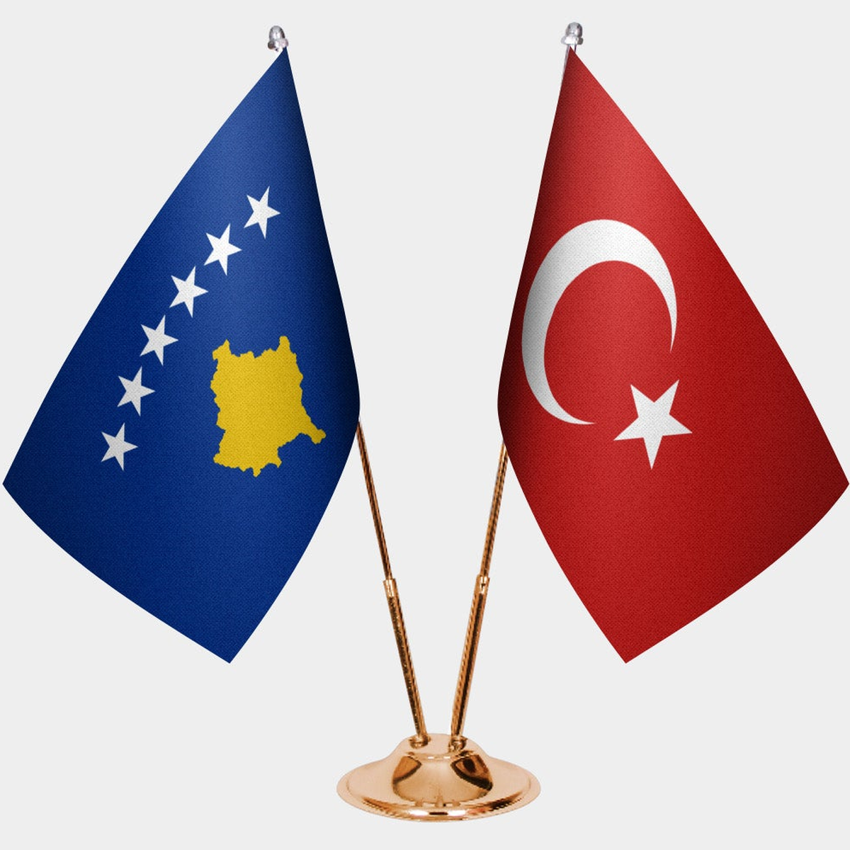 Kosovo and Türkiye dual desk flag set with gold pedestal, satin office table flag