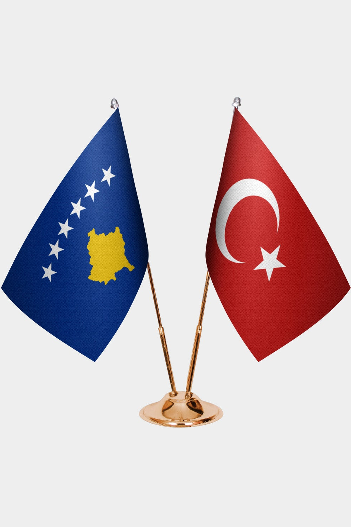 Kosovo and Türkiye dual desk flag set with gold pedestal, satin office table flag