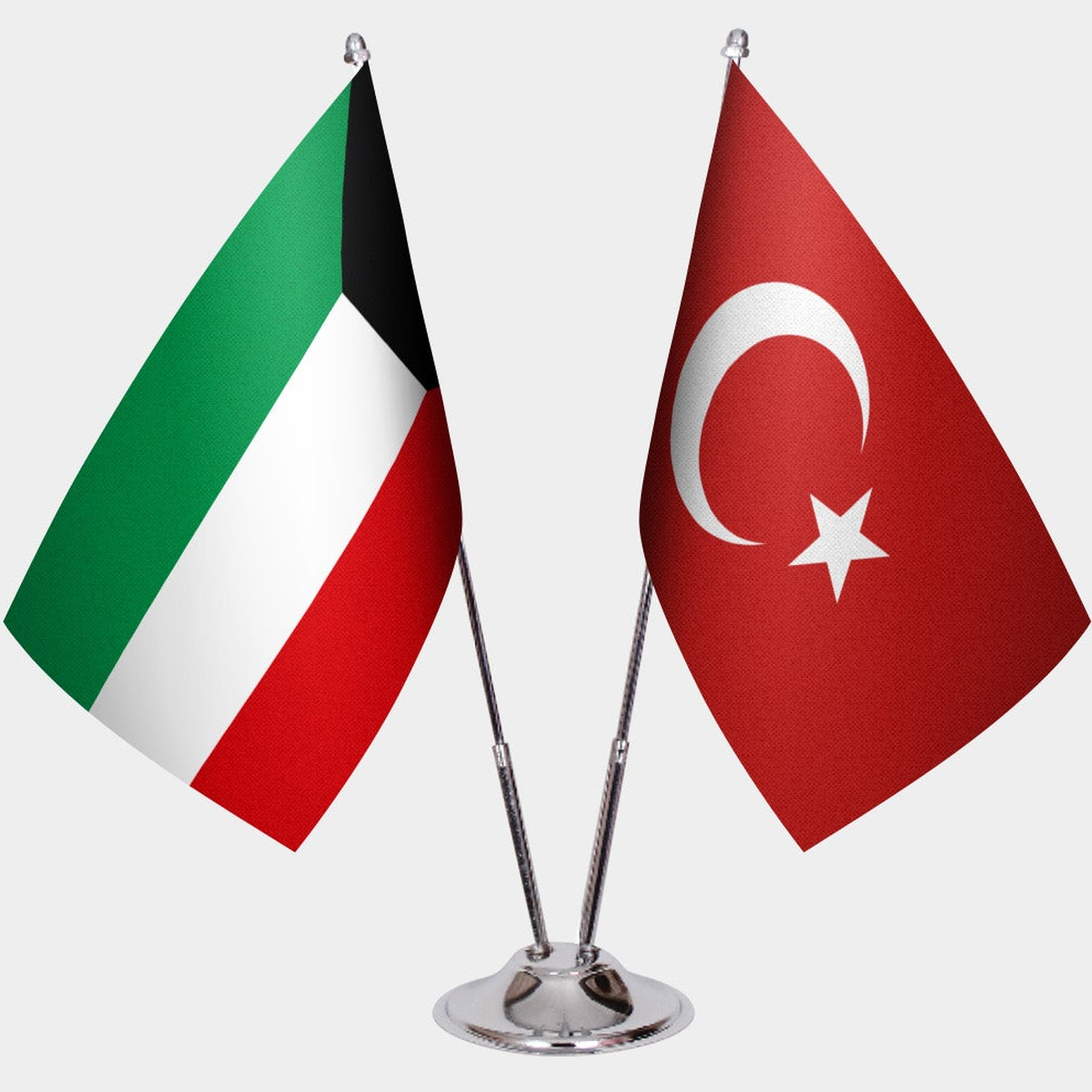 Kuwait and Türkiye dual desk flag set with chrome silver pedestal, satin office table flag