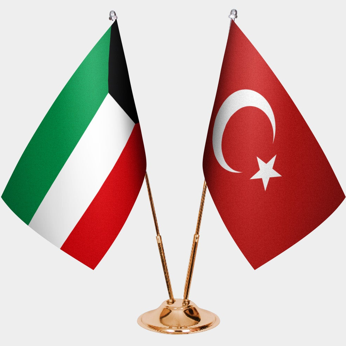 Kuwait and Türkiye dual desk flag set with gold pedestal, satin office table flag