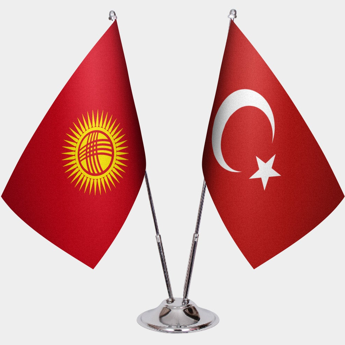Kyrgyzstan and Türkiye dual desk flag set with chrome silver pedestal, satin office table flag