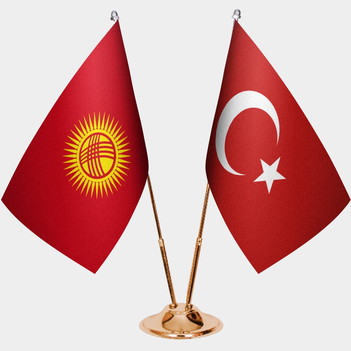 Kyrgyzstan and Türkiye dual desk flag set with gold pedestal, satin office table flag