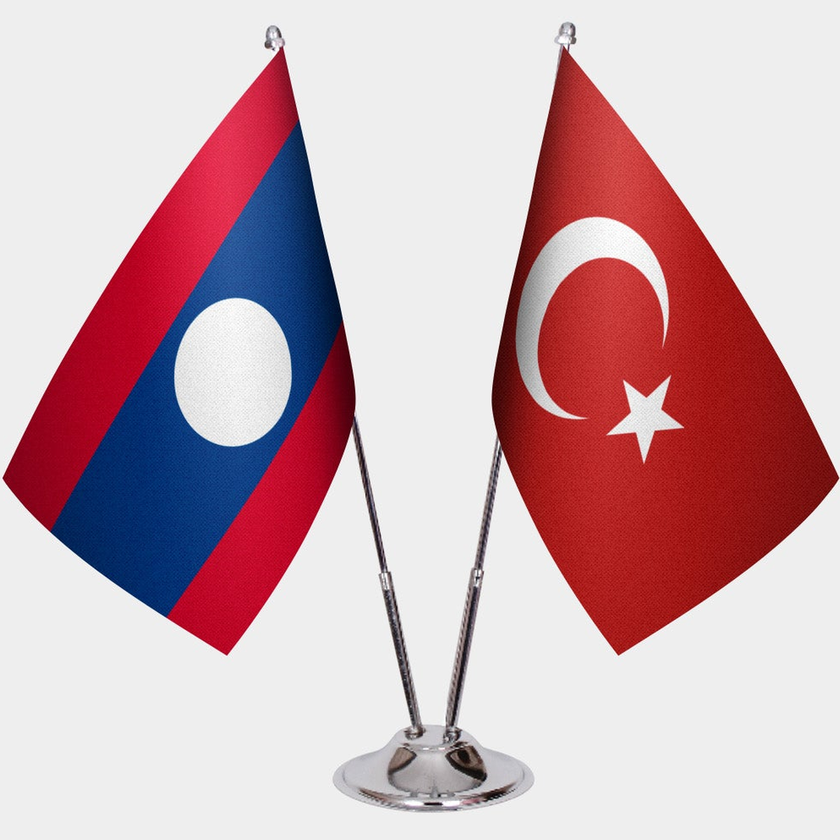 Laos and Türkiye dual desk flag set with chrome silver pedestal, satin office table flag