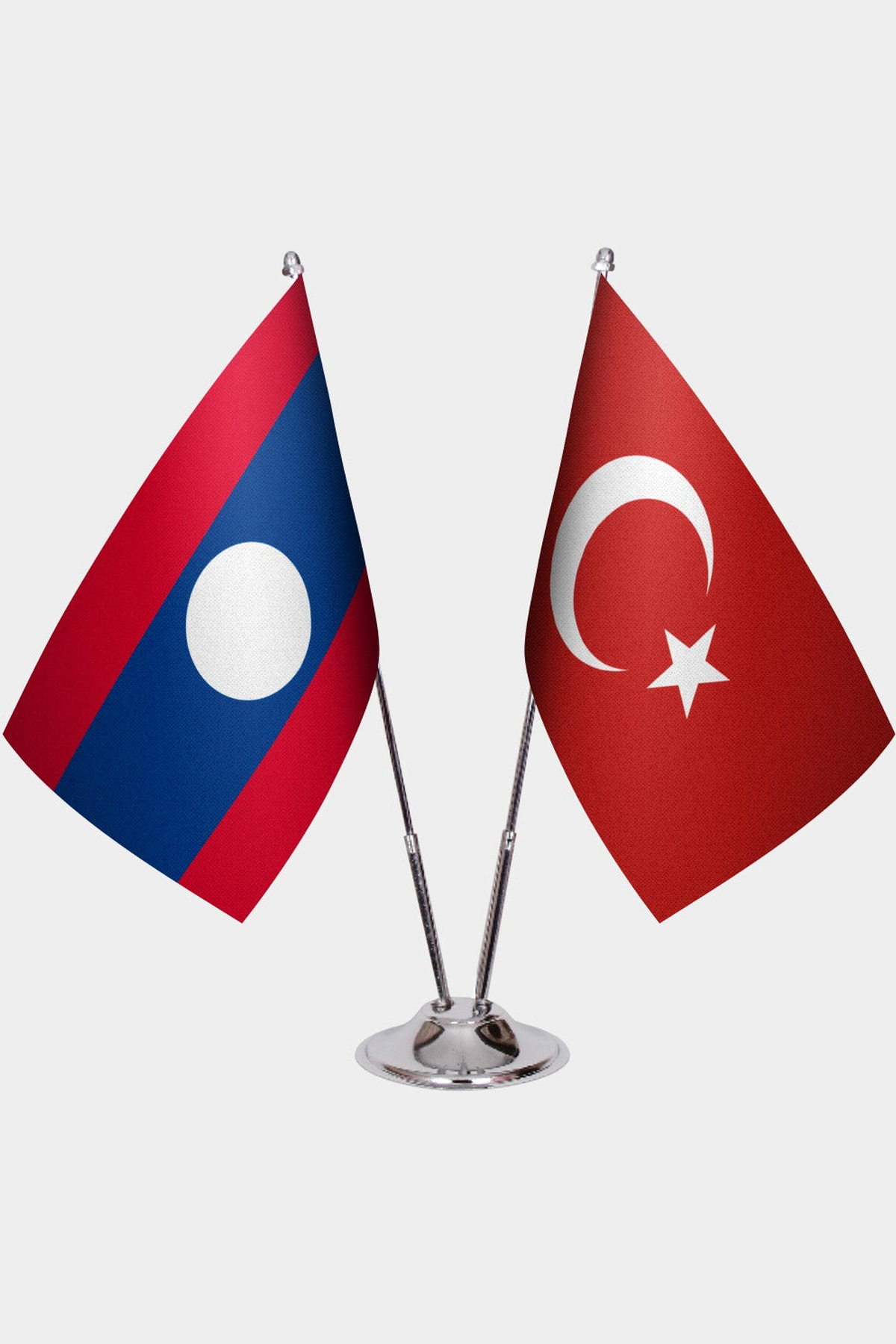 Laos and Türkiye dual desk flag set with chrome silver pedestal, satin office table flag