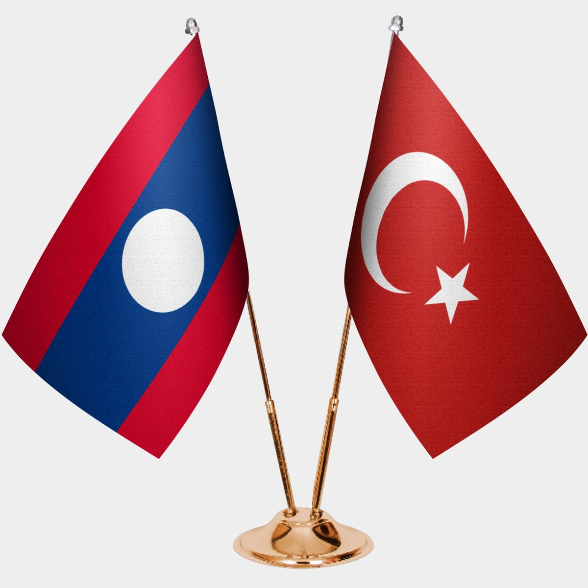 Laos and Türkiye dual desk flag set with gold pedestal, satin office table flag