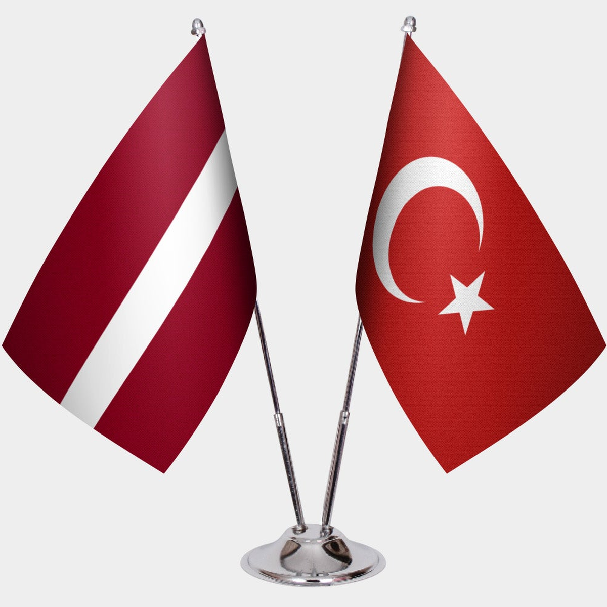 Latvia and Türkiye dual desk flag set with chrome silver pedestal, satin office table flag