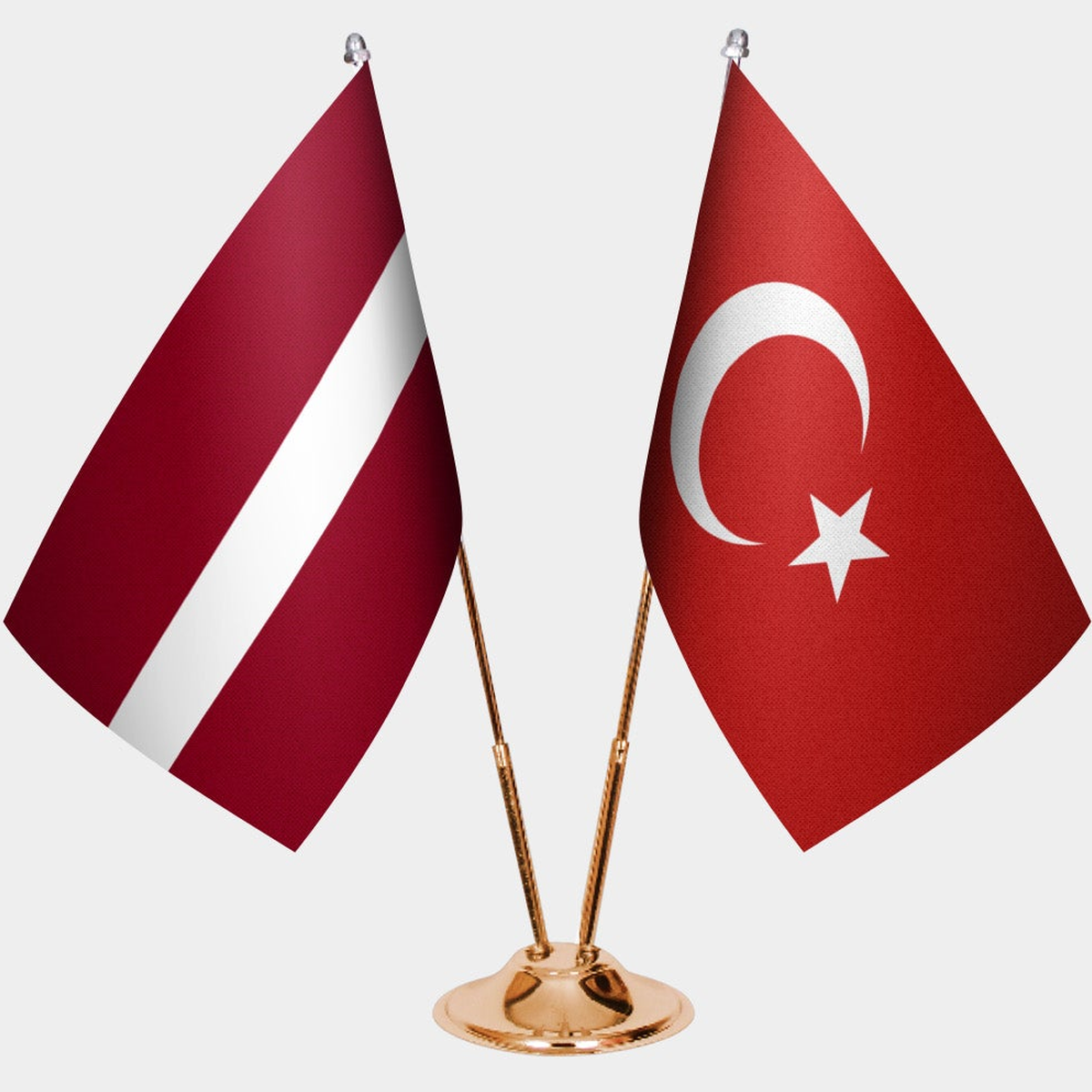 Latvia and Türkiye dual desk flag set with gold pedestal, satin office table flag