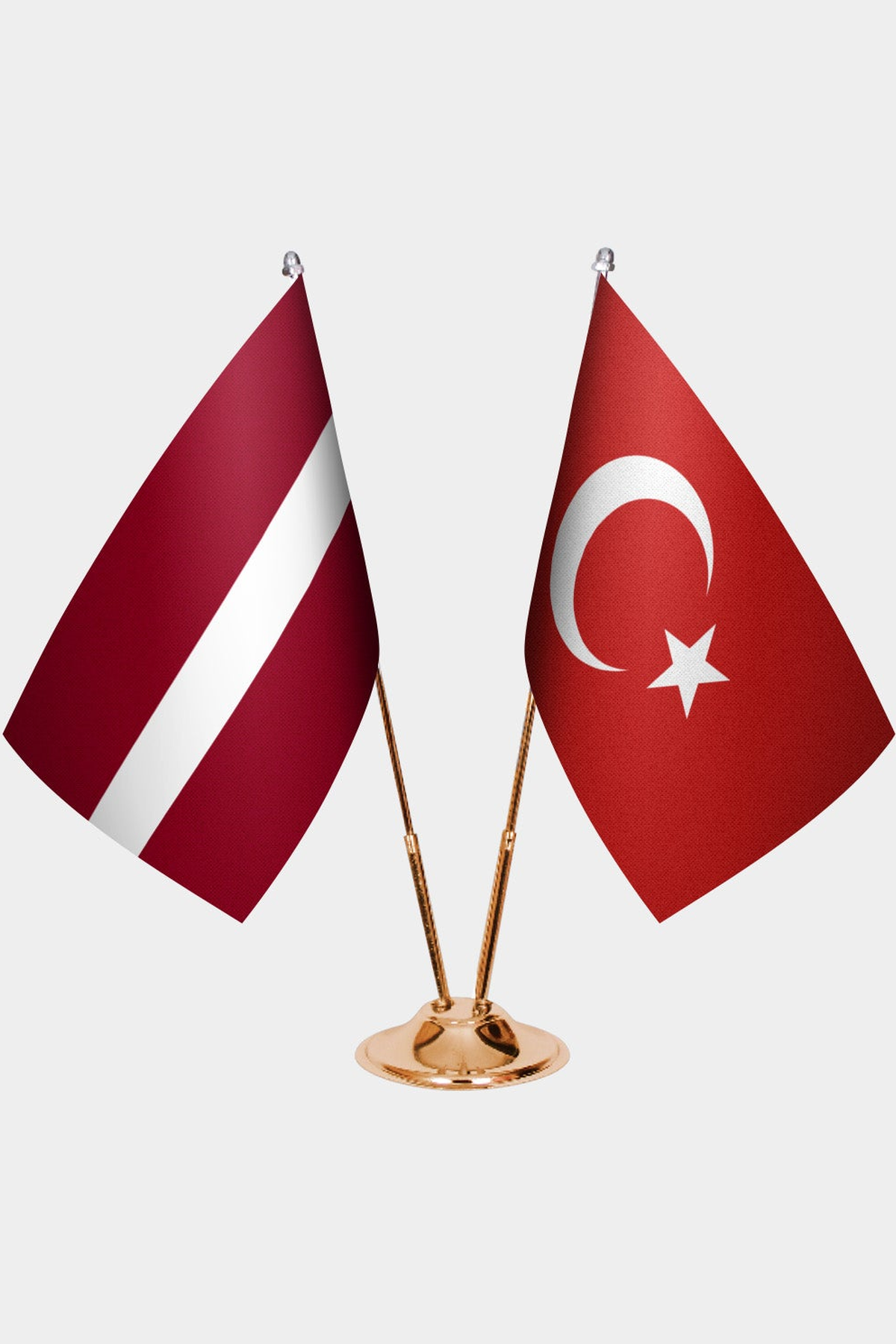 Latvia and Türkiye dual desk flag set with gold pedestal, satin office table flag