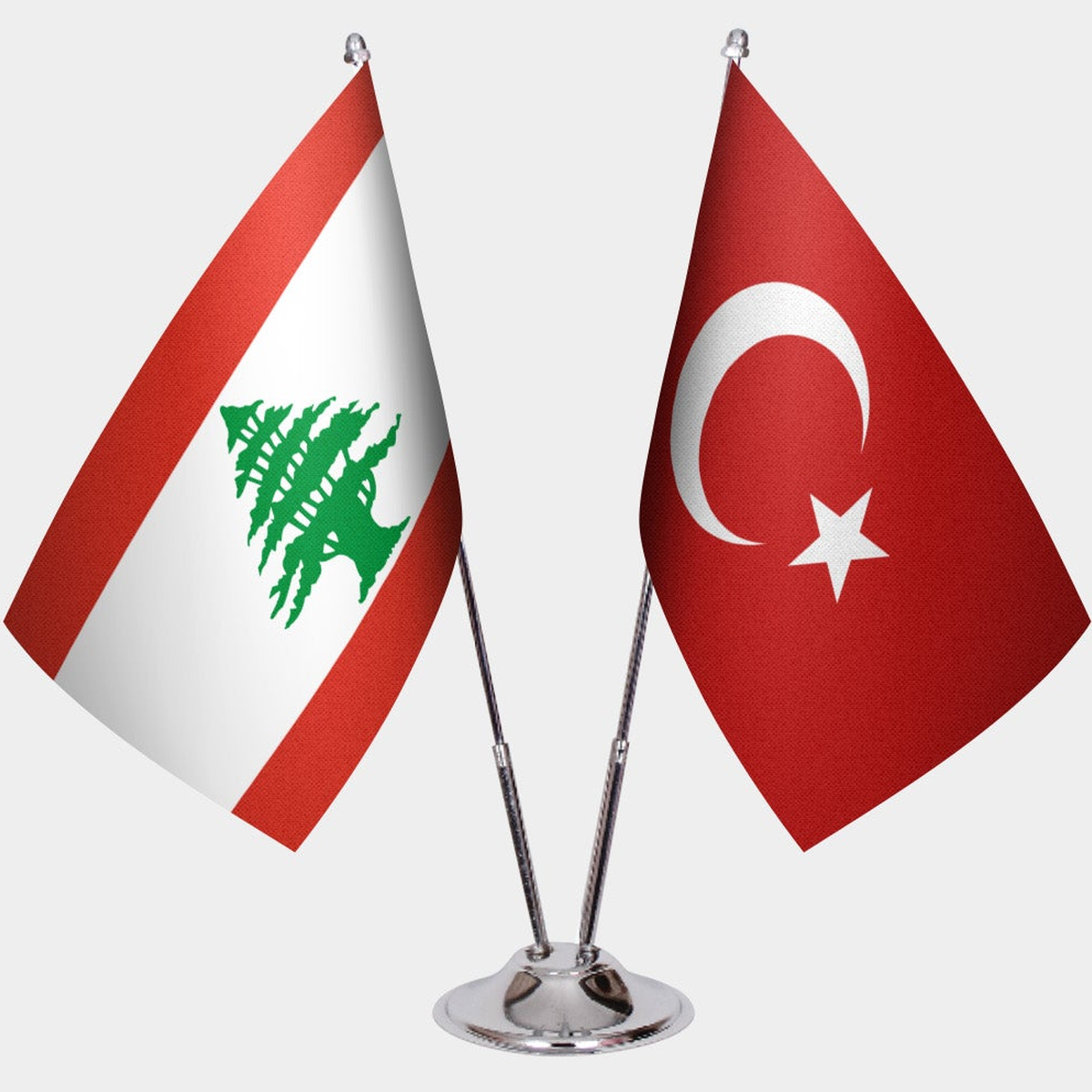 Lebanon and Türkiye dual desk flag set with chrome silver pedestal, satin office table flag