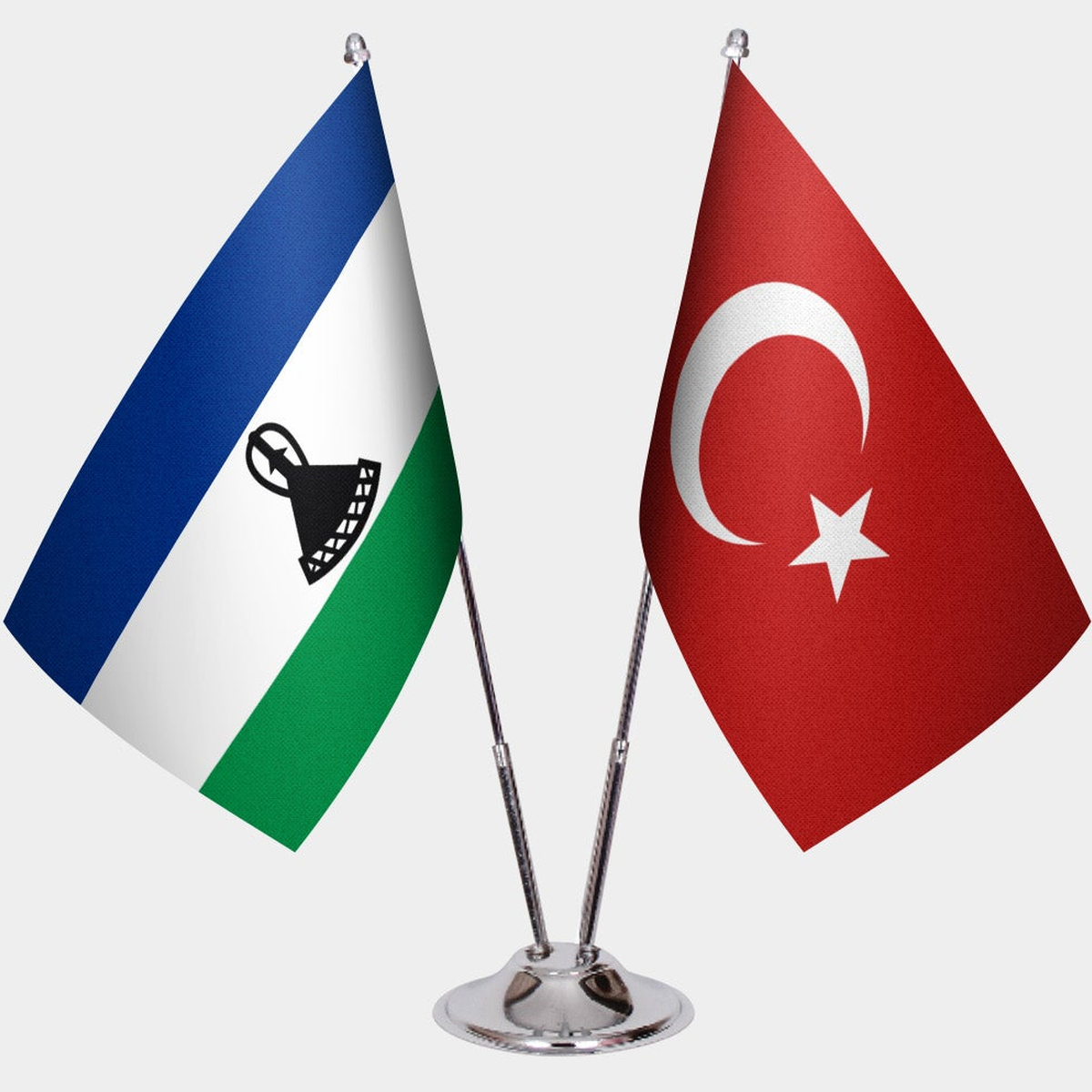 Lesotho and Türkiye dual desk flag set with chrome silver pedestal, satin office table flag