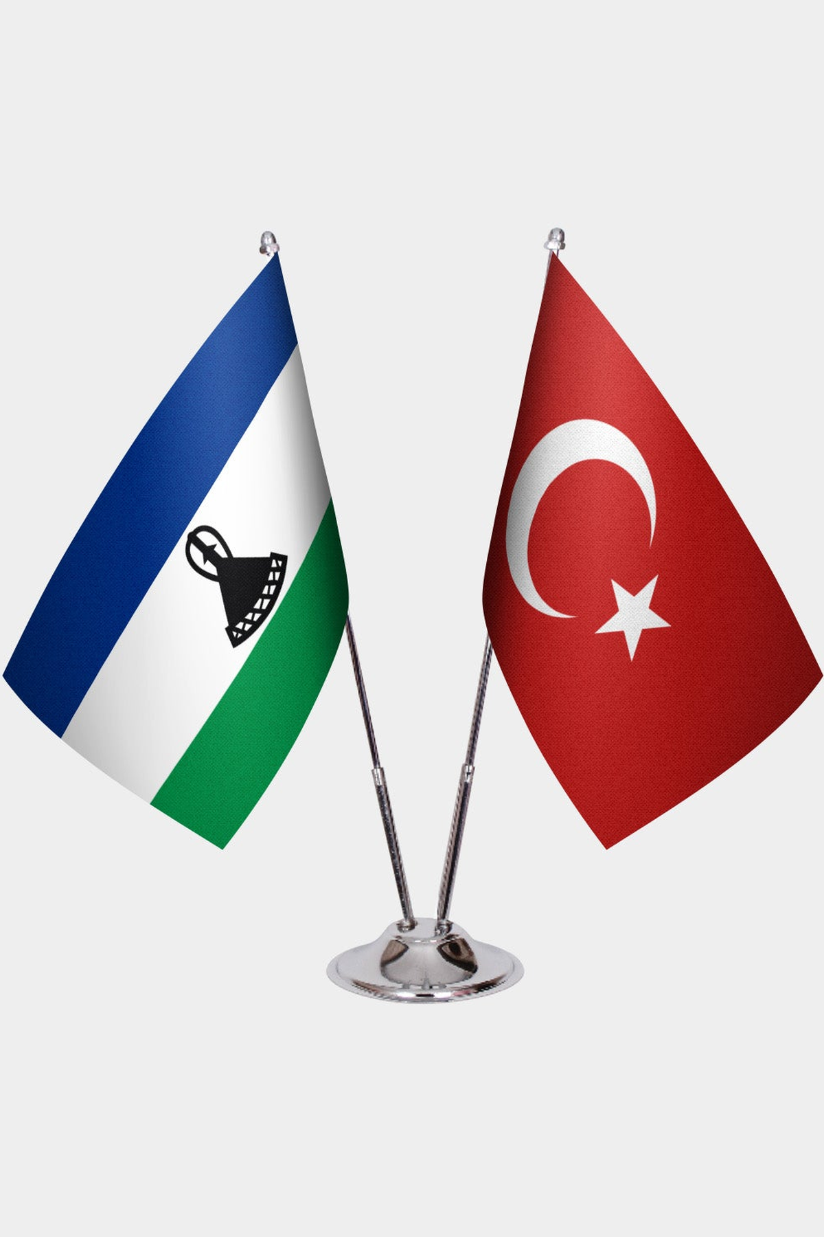 Lesotho and Türkiye dual desk flag set with chrome silver pedestal, satin office table flag