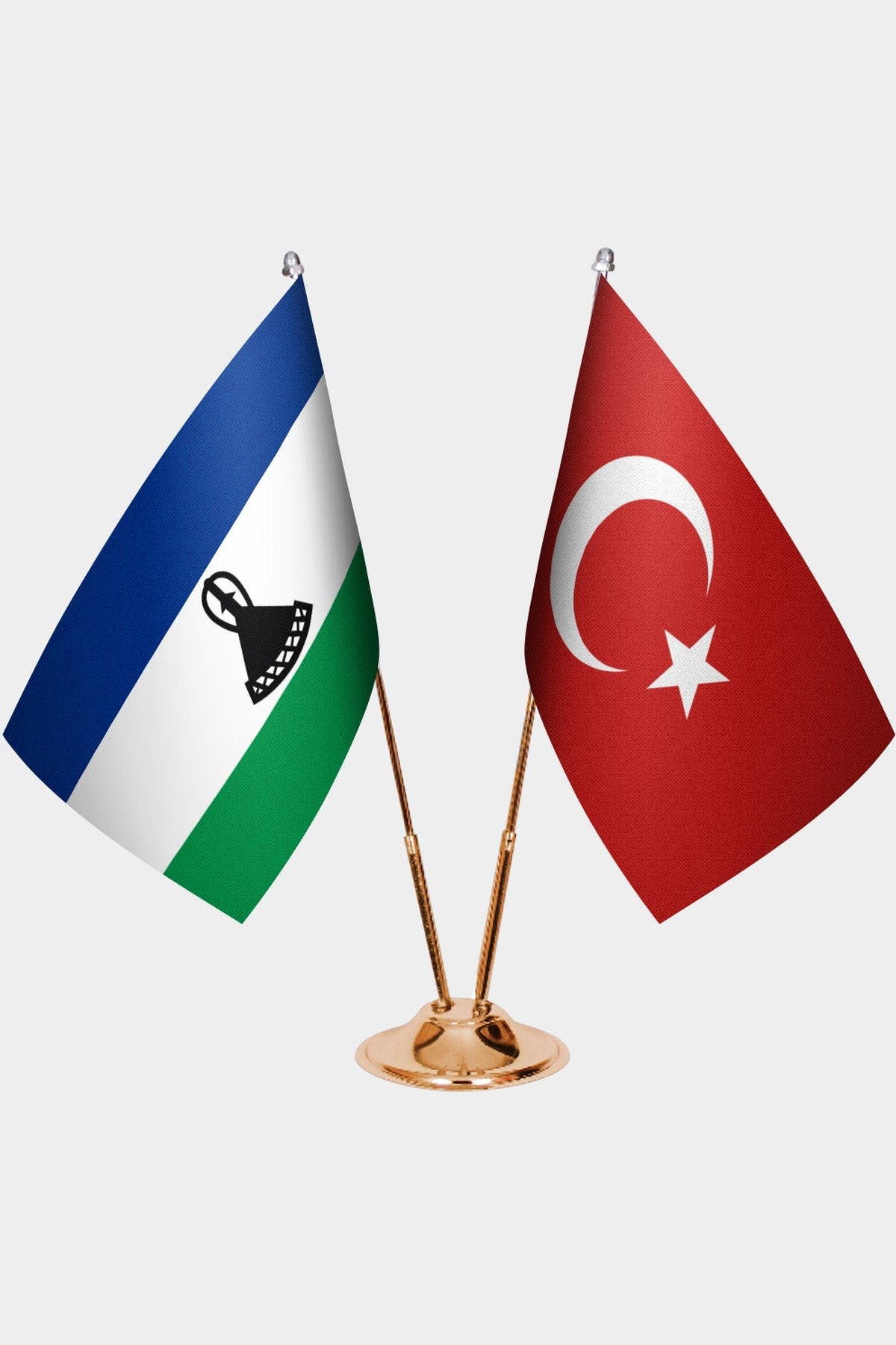 Lesotho and Türkiye dual desk flag set with gold pedestal, satin office table flag