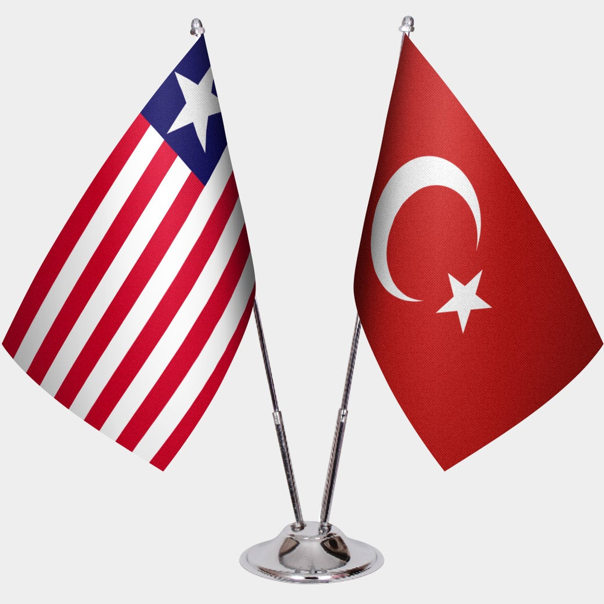 Liberia and Türkiye dual desk flag set with chrome silver pedestal, satin office table flag