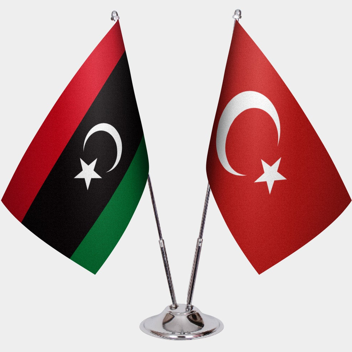 Libya and Türkiye dual desk flag set with chrome silver pedestal, satin office table flag