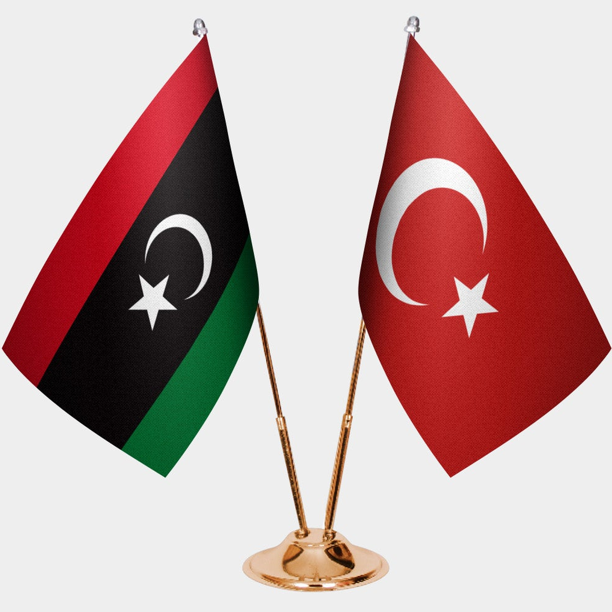 Libya and Türkiye dual desk flag set with gold pedestal, satin office table flag