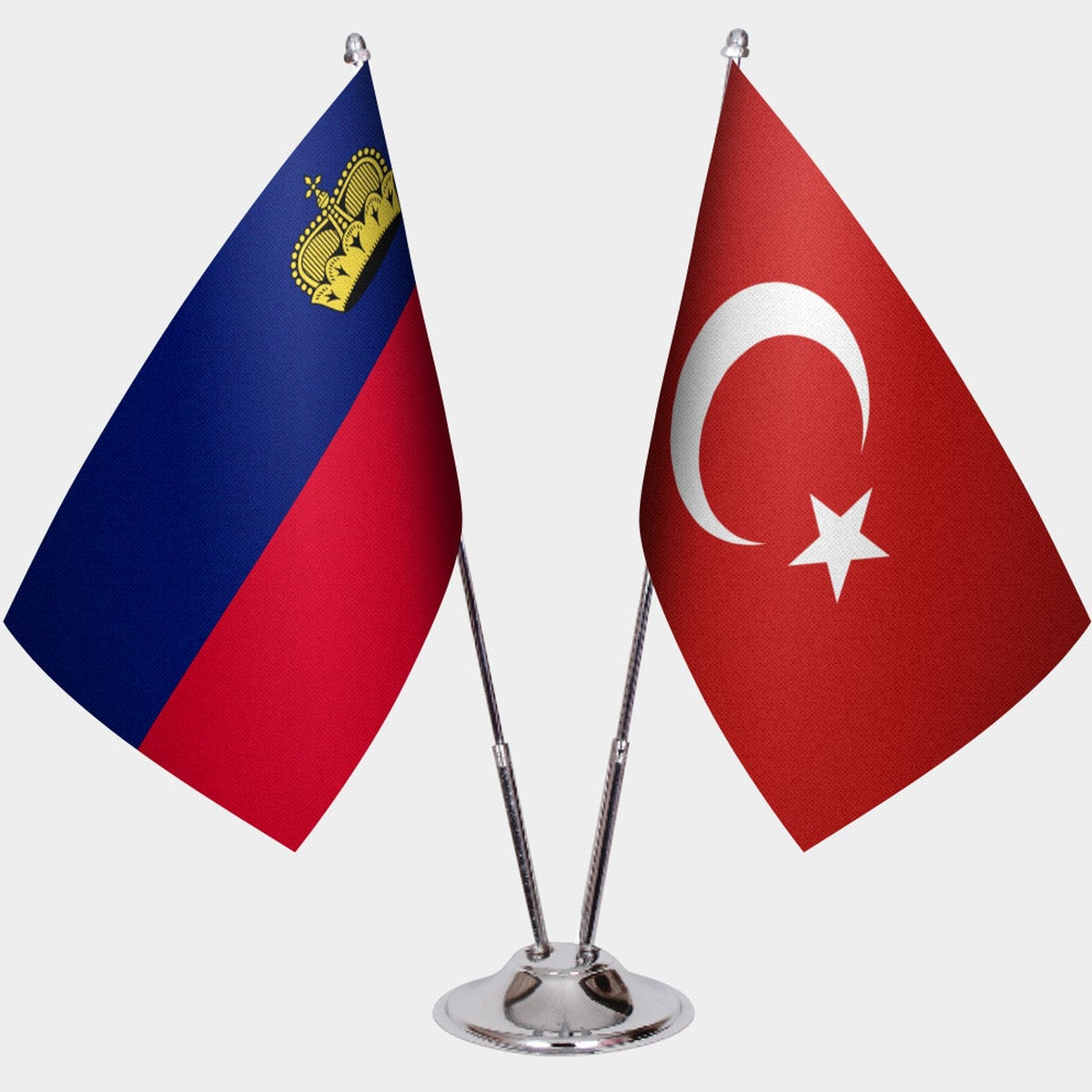 Liechtenstein and Türkiye dual desk flag set with chrome silver pedestal, satin office table flag