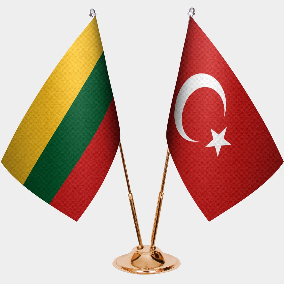 Lithuania and Türkiye dual desk flag set with gold pedestal, satin office table flag