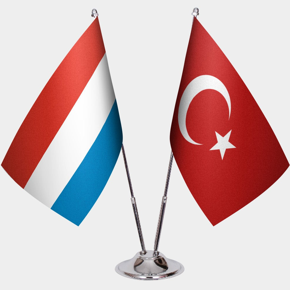 Luxembourg and Türkiye dual desk flag set with chrome silver pedestal, satin office table flag