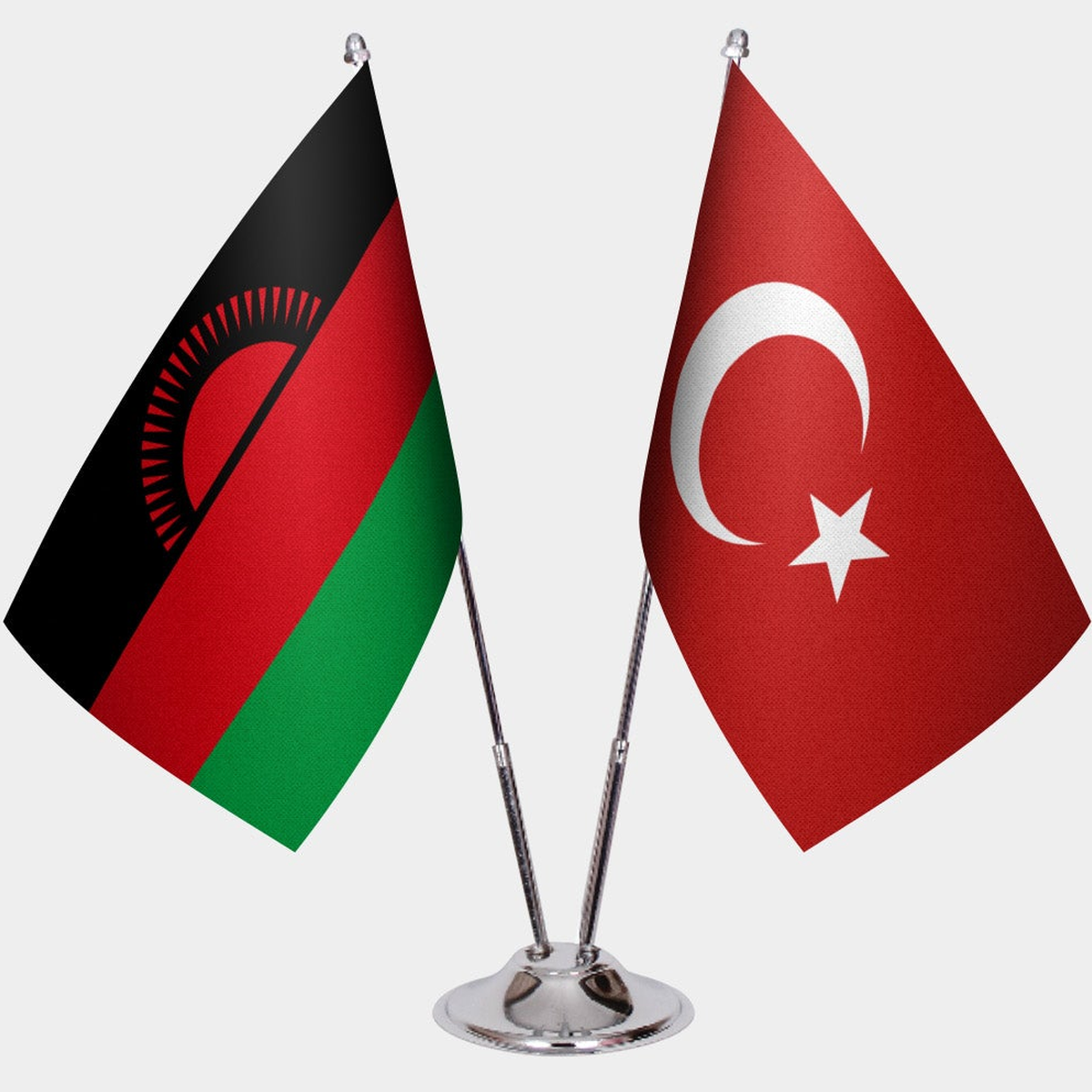 Malawi and Türkiye dual desk flag set with chrome silver pedestal, satin office table flag