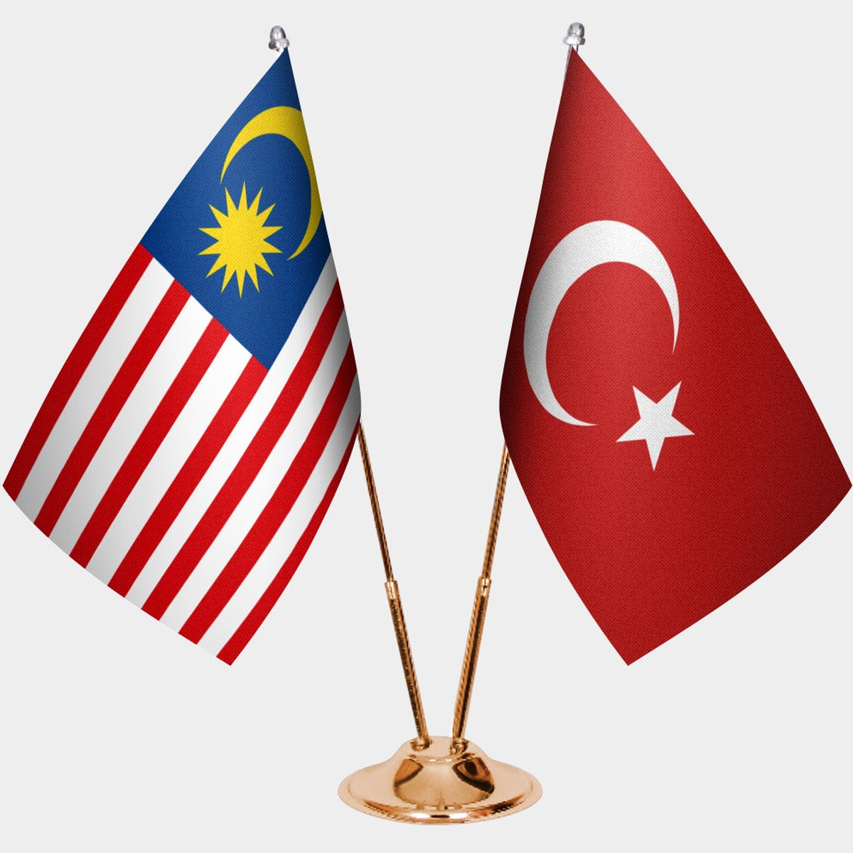 Malaysia and Türkiye dual desk flag set with gold pedestal, satin office table flag