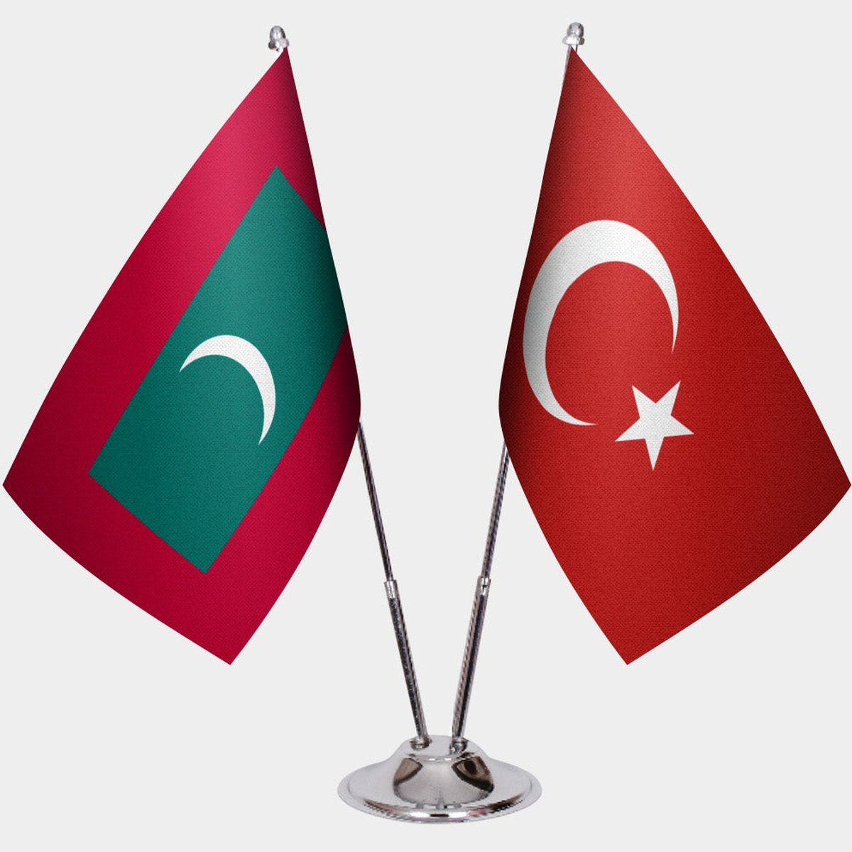 Maldives and Türkiye dual desk flag set with chrome silver pedestal, satin office table flag