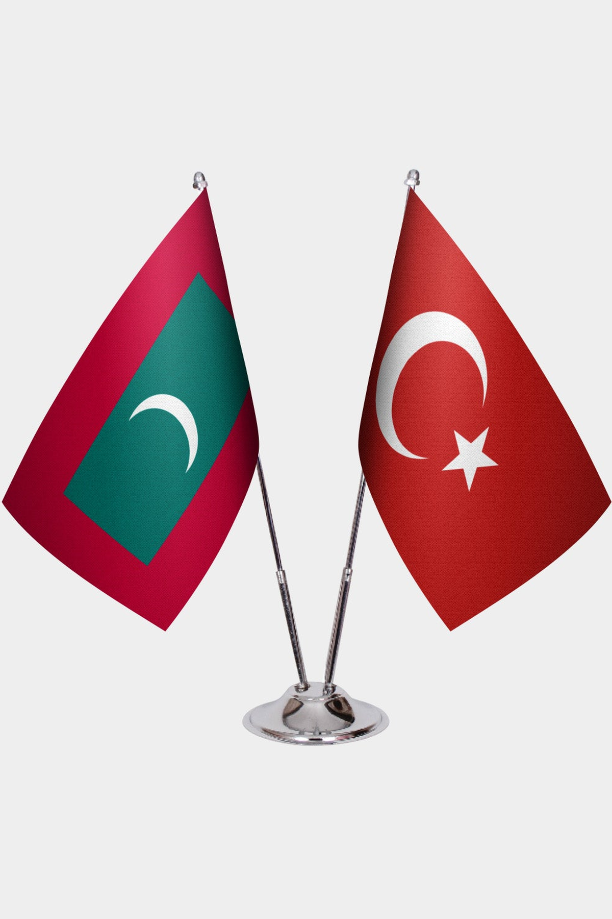Maldives and Türkiye dual desk flag set with chrome silver pedestal, satin office table flag