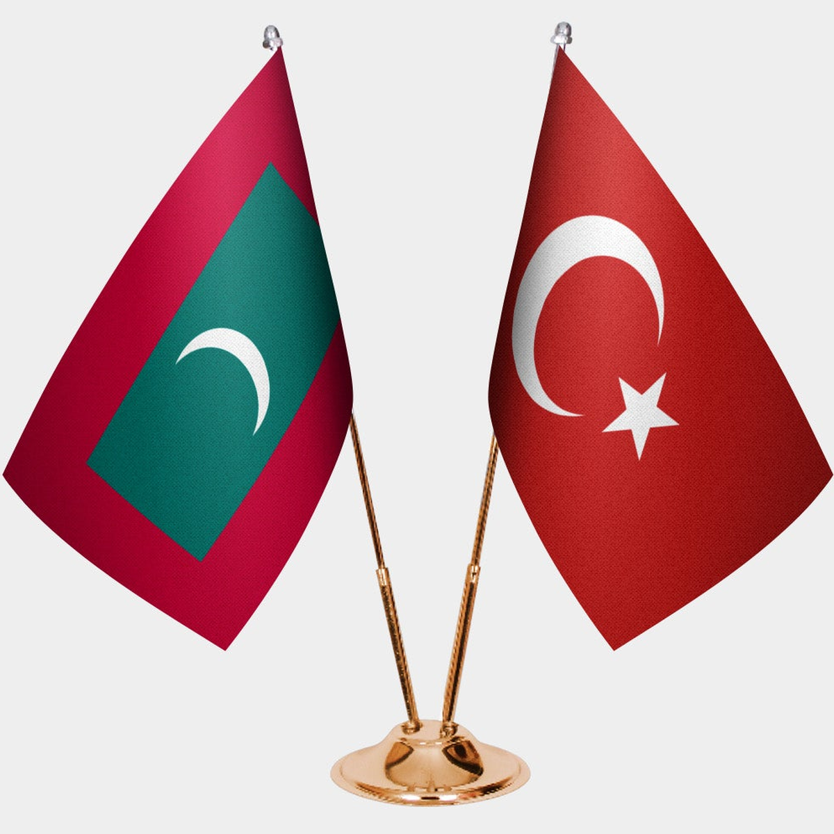 Maldives and Türkiye dual desk flag set with gold pedestal, satin office table flag