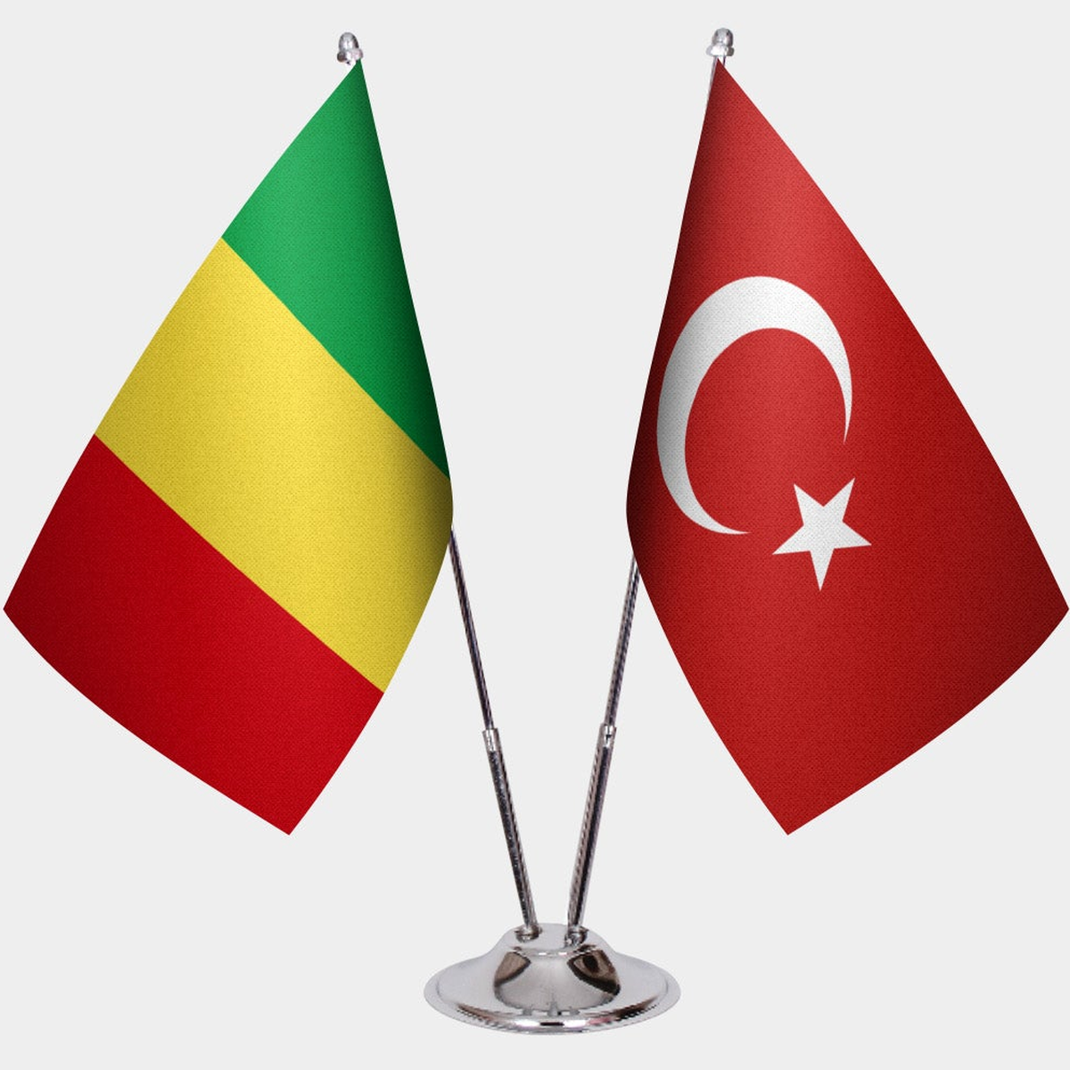 Mali and Türkiye dual desk flag set with chrome silver pedestal, satin office table flag