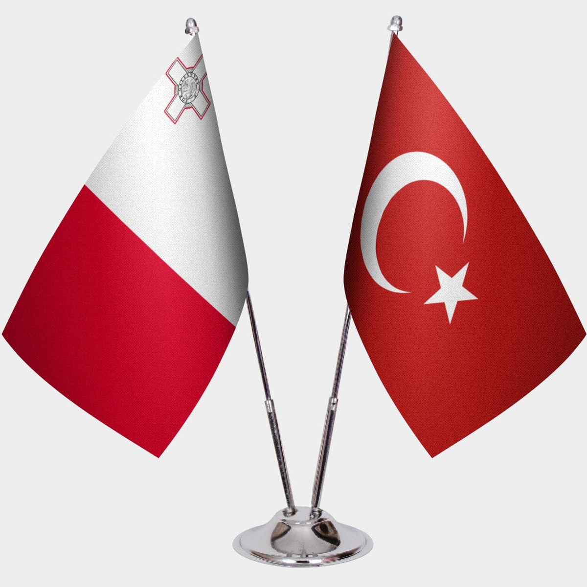 Malta and Türkiye dual desk flag set with chrome silver pedestal, satin office table flag