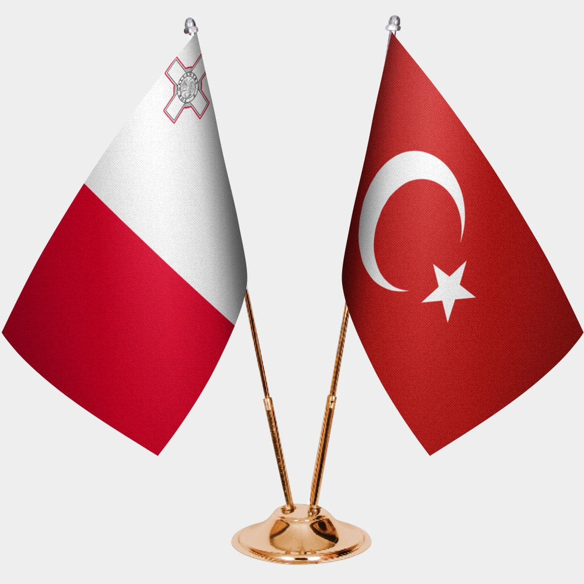 Malta and Türkiye dual desk flag set with gold pedestal, satin office table flag