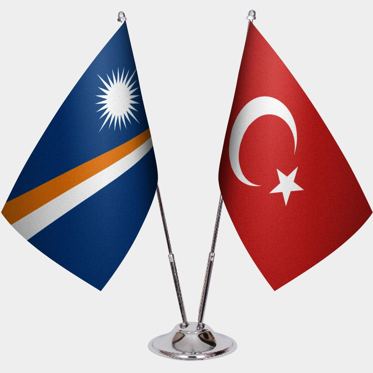Marshall Islands and Türkiye dual desk flag set with chrome silver pedestal, satin office table flag