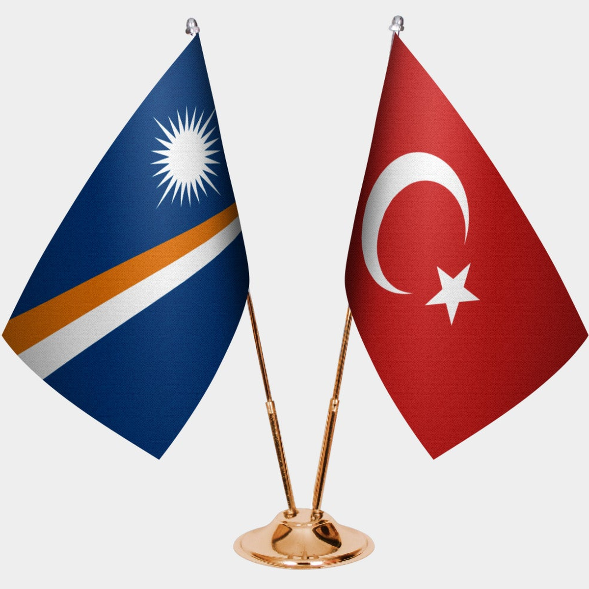 Marshall Islands and Türkiye dual desk flag set with gold pedestal, satin office table flag