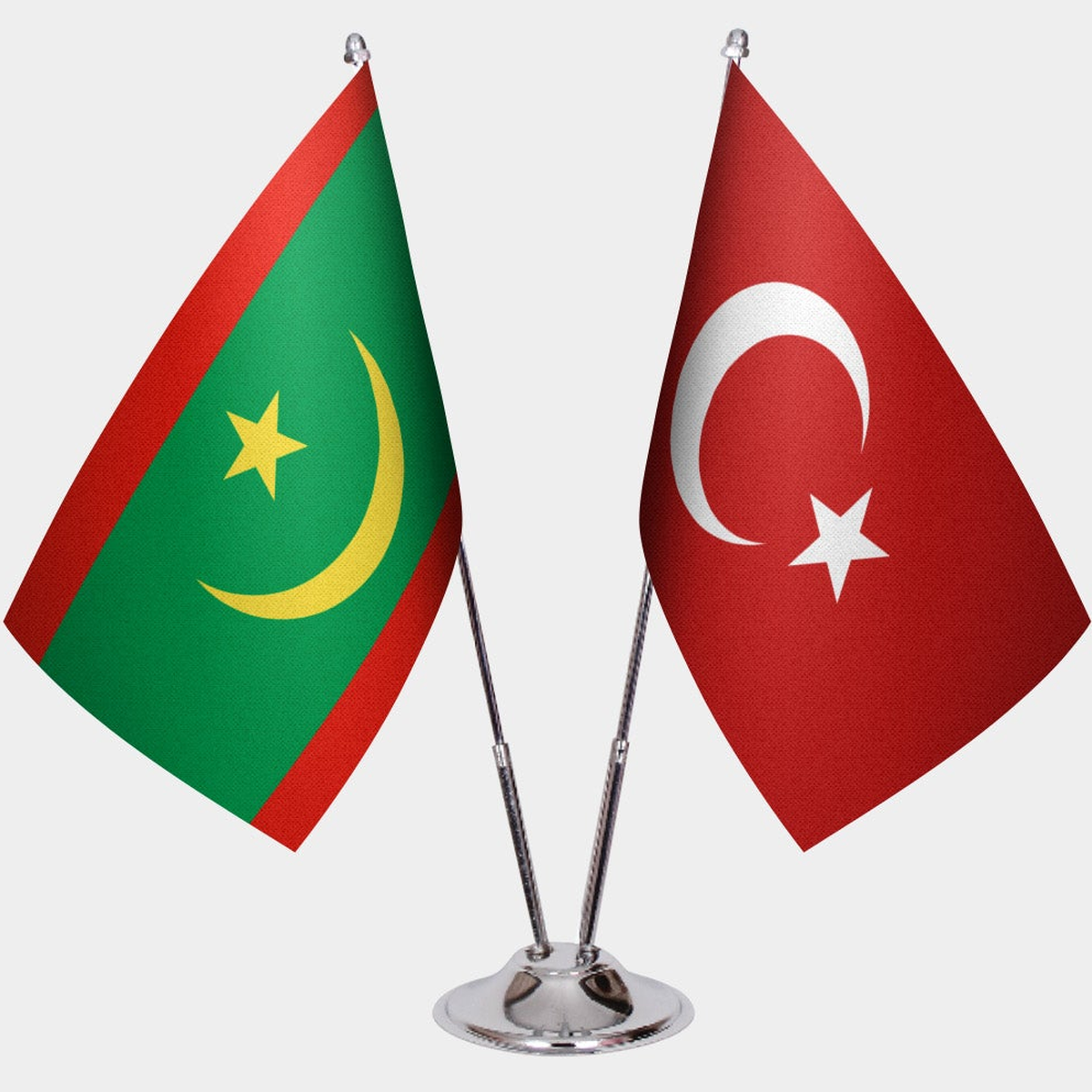 Mauritania and Türkiye dual desk flag set with chrome silver pedestal, satin office table flag