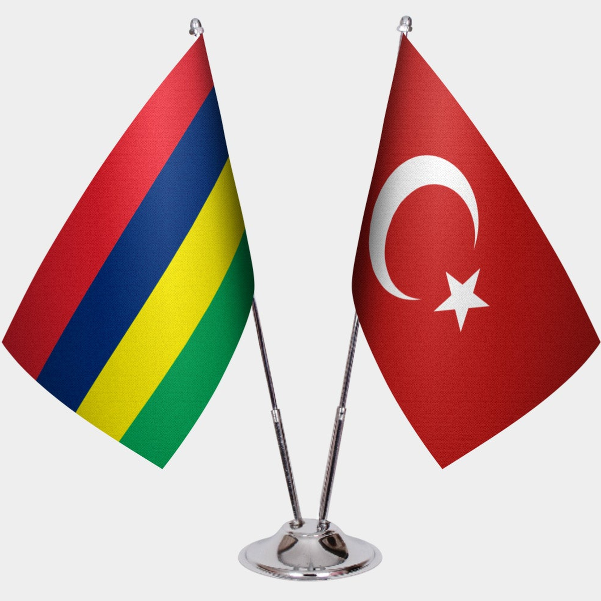 Mauritius and Türkiye dual desk flag set with chrome silver pedestal, satin office table flag