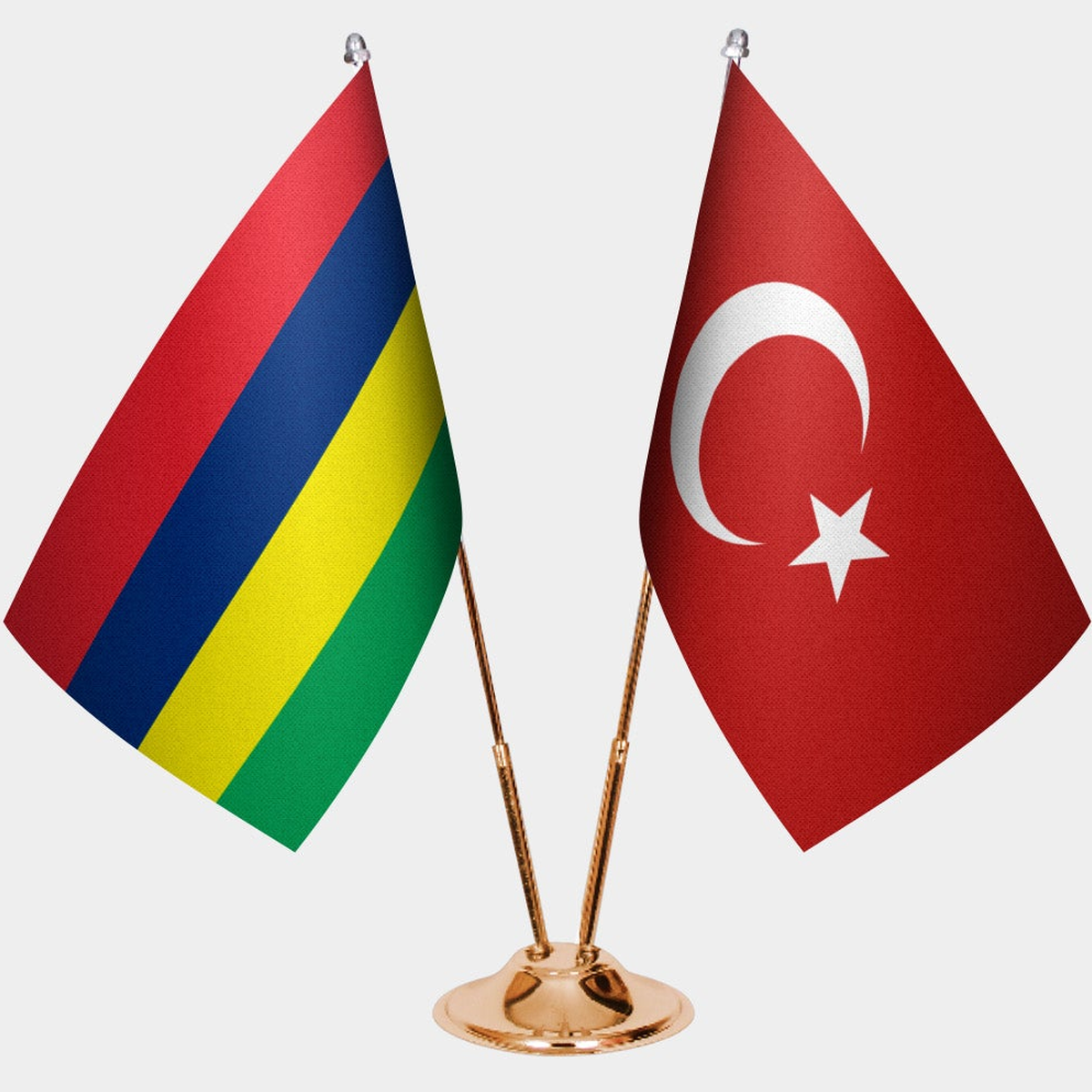 Mauritius and Türkiye dual desk flag set with gold pedestal, satin office table flag