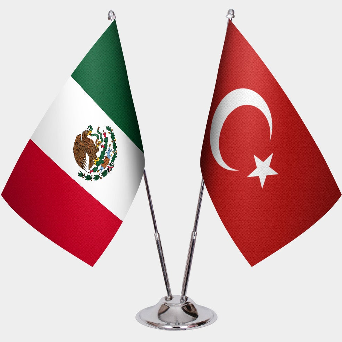 Mexico and Türkiye dual desk flag set with chrome silver pedestal, satin office table flag