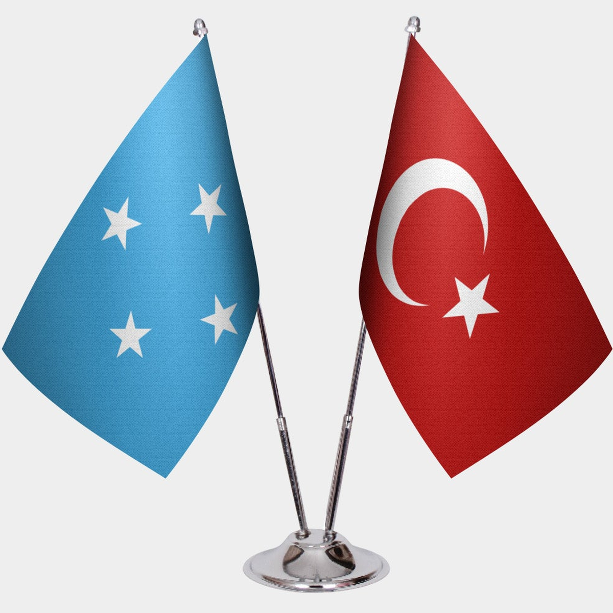 Micronesia and Türkiye dual desk flag set with chrome silver pedestal, satin office table flag