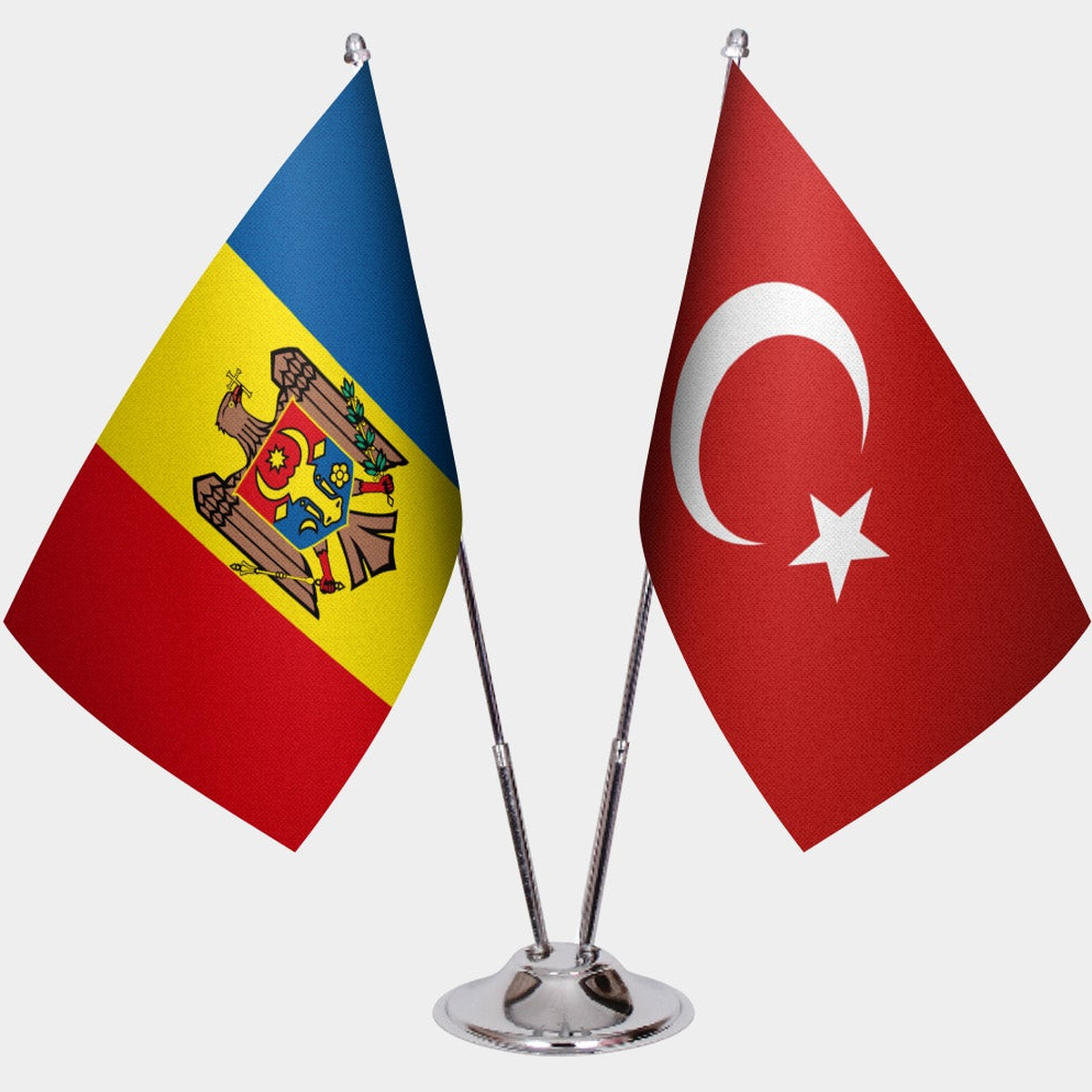 Moldova and Türkiye dual desk flag set with chrome silver pedestal, satin office table flag