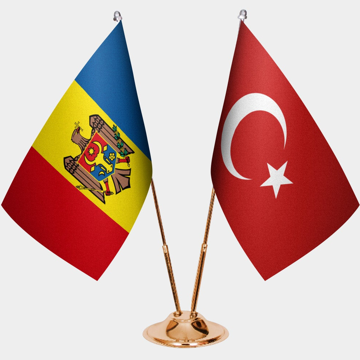 Moldova and Türkiye dual desk flag set with gold pedestal, satin office table flag