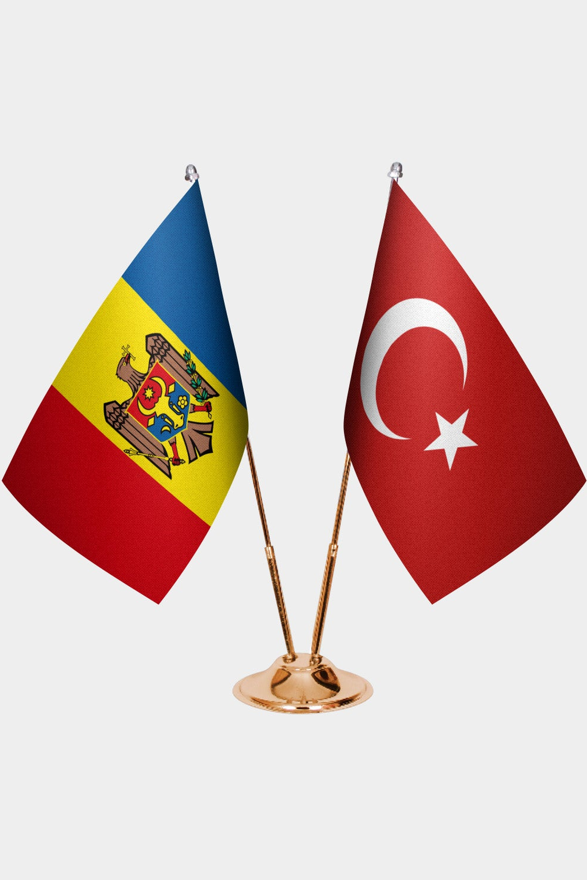 Moldova and Türkiye dual desk flag set with gold pedestal, satin office table flag