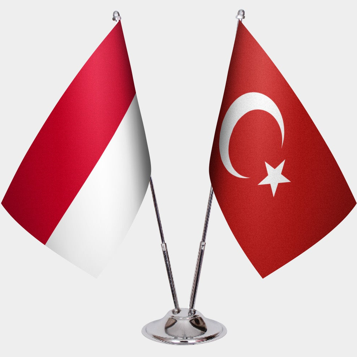 Monaco and Türkiye dual desk flag set with chrome silver pedestal, satin office table flag