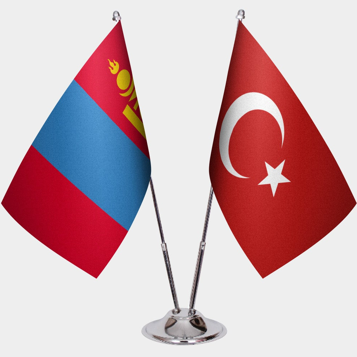 Mongolia and Türkiye dual desk flag set with chrome silver pedestal, satin office table flag