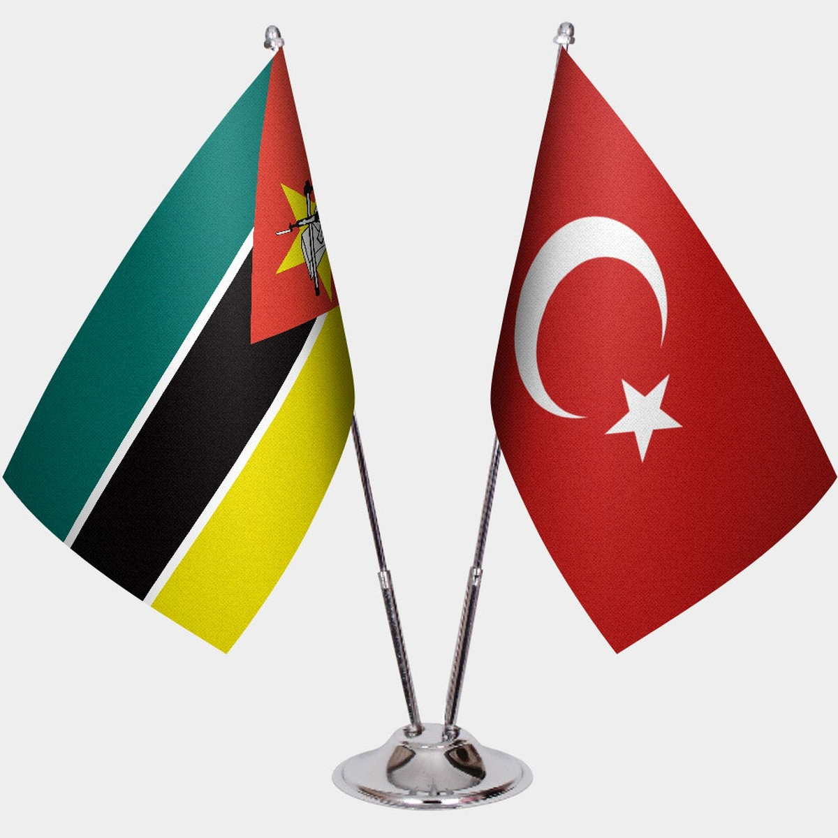 Mozambique and Türkiye dual desk flag set with chrome silver pedestal, satin office table flag