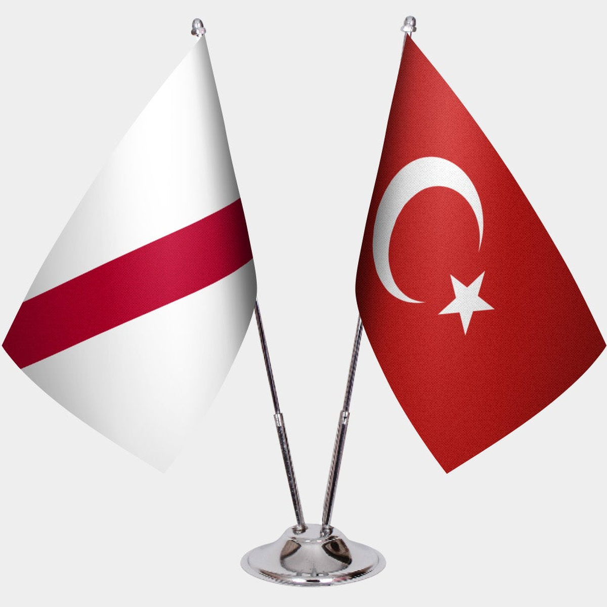 Namibia and Türkiye dual desk flag set with chrome silver pedestal, satin office table flag