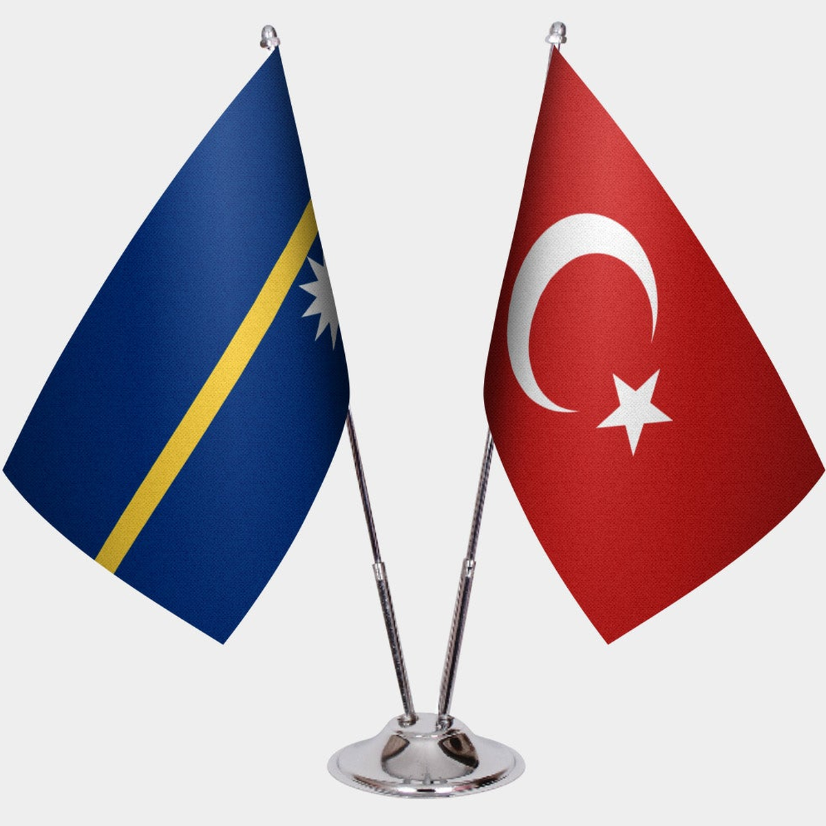 Nauru and Türkiye dual desk flag set with chrome silver pedestal, satin office table flag