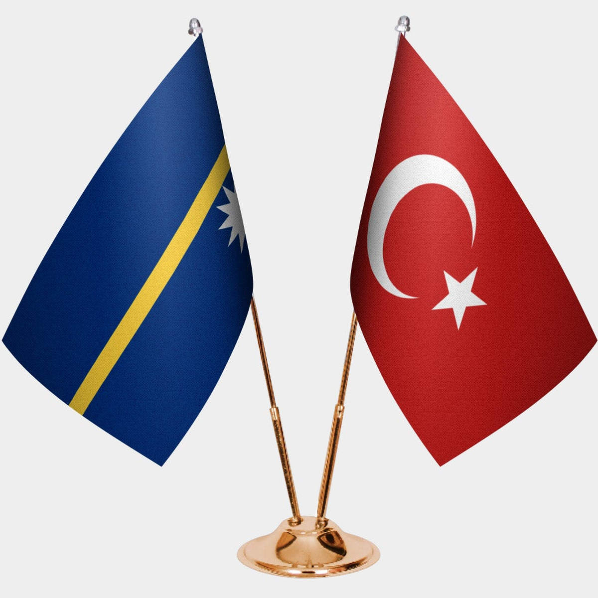Nauru and Türkiye dual desk flag set with gold pedestal, satin office table flag