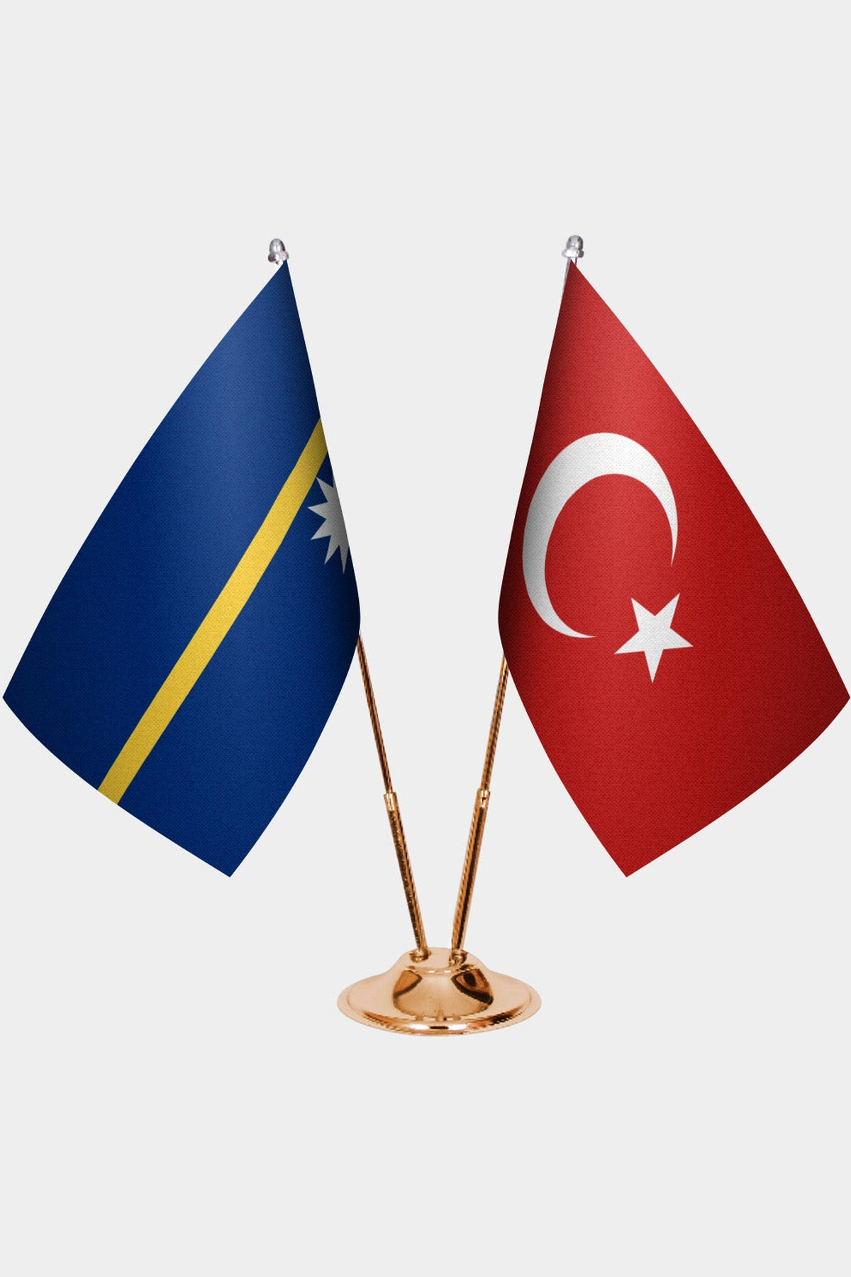 Nauru and Türkiye dual desk flag set with gold pedestal, satin office table flag