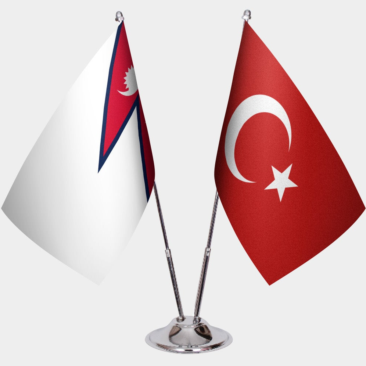 Nepal and Türkiye dual desk flag set with chrome silver pedestal, satin office table flag