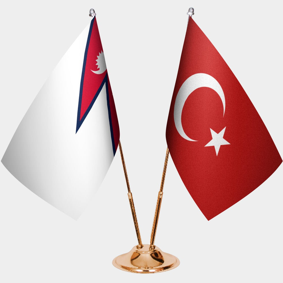 Nepal and Türkiye dual desk flag set with gold pedestal, satin office table flag
