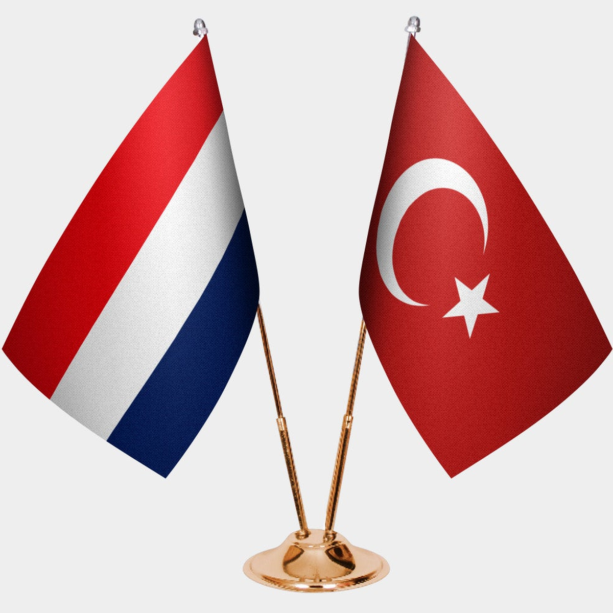 Netherlands and Türkiye dual desk flag set with gold pedestal, satin office table flag